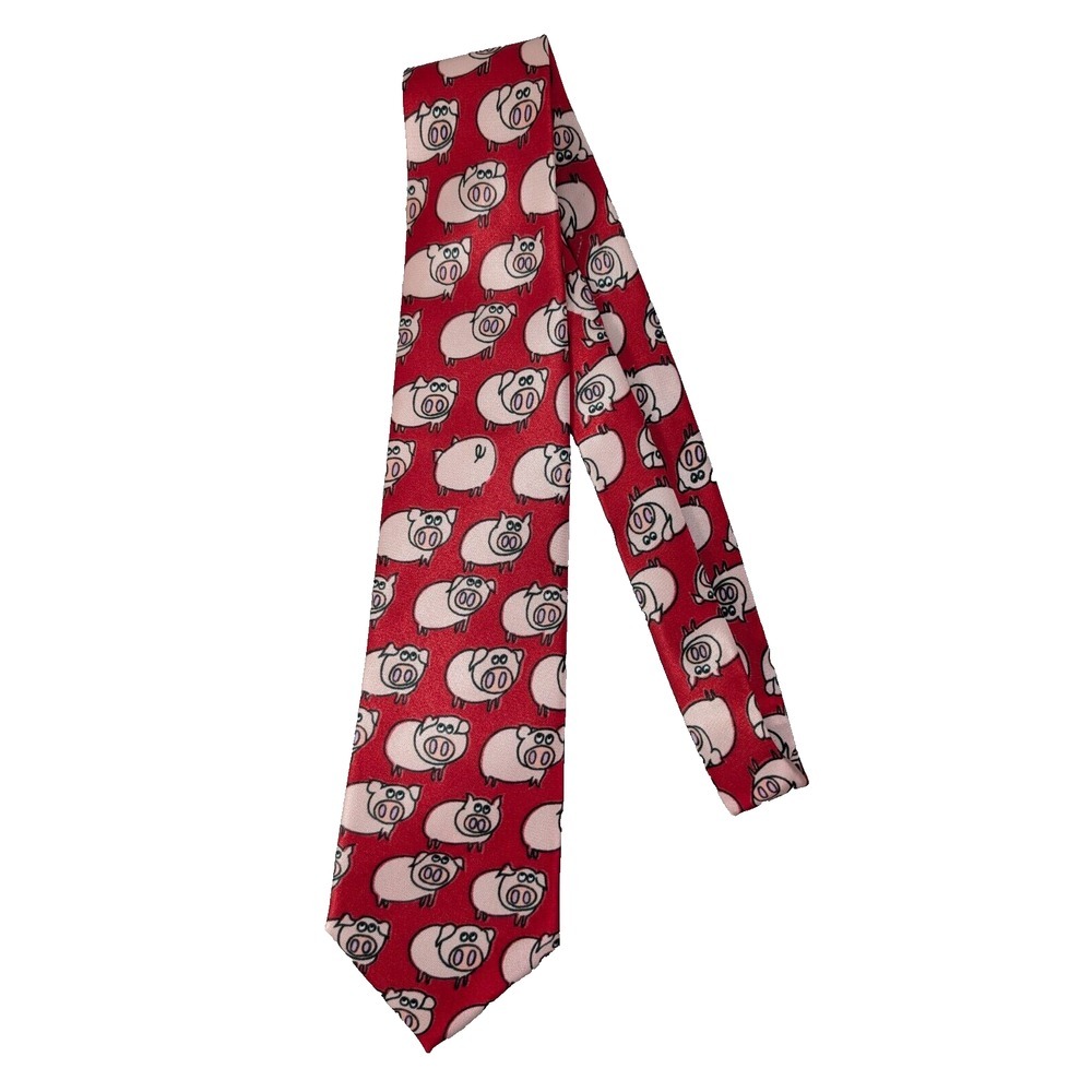Parksder Pure‎ Silk Hand Made Men's Novelty Neck Tie All Over Pig Print Red
